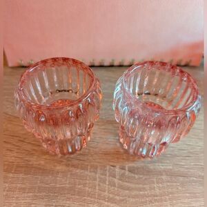 Pink Ribbed Glass Candle Holders